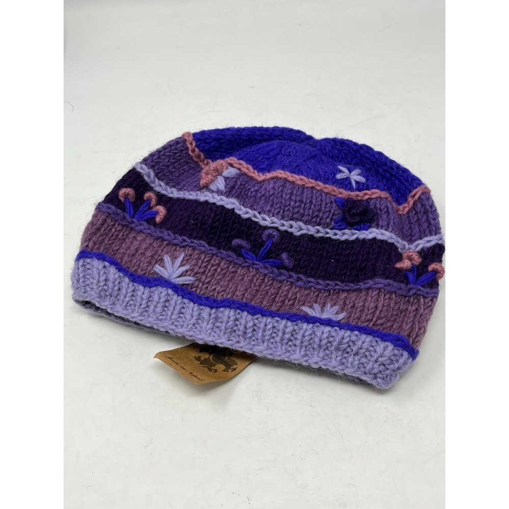 NWT Cheveaux Woolen Beanie Hat‎ Hand Made in Nepal Lined Purple - Picture 2 of 6